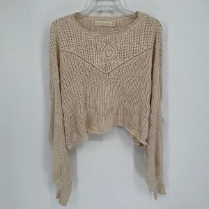 Happy Nature Women's Beige Open Knit Long Sleeve Boho Cropped Sweater Size XL